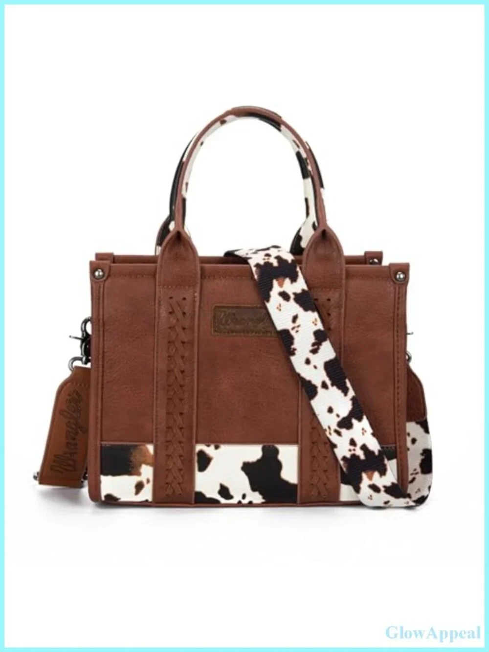 Vegan Leather Tote Bag with Cow Print Whipstitch Top Handle Purse